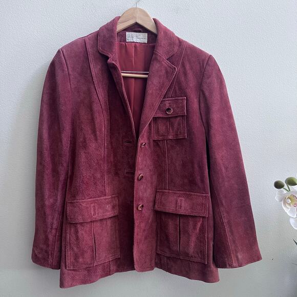 Vintage 100% Genuine Leather Suede Burgundy Red Women's Jacket Blazer Size 15/16 - Picture 1 of 12